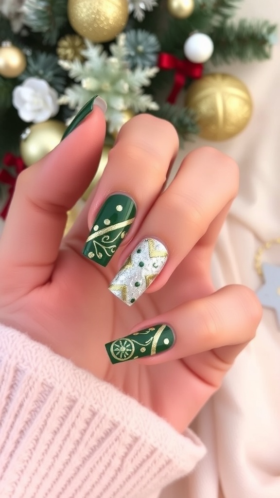 Elegant Christmas nails in gold and green with glitter accents.
